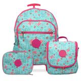 Kit Mochila Escolar Feminina Tamanho G Rodinhas Flamingo Azul - Mac mochilas