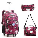 Kit Mochila Feminina com Rodinhas Seanite Lancheira e Estojo Florida Vermelho