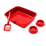 Kit Para Gato Bandeja+Comedouro+Bebedouro+Pazinha Vermelho - Murano