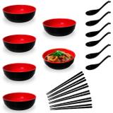 Kit para Sopa Japonesa com 6 Tigelas 450 Ml + 6 Colheres Melamina + 6 Pares de Hashi Preto Fuxing