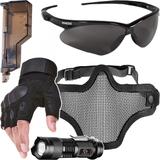 Kit Proteção - Máscara Meia Face Telada + Óculos Nemesis Escuro + Luva Tática Meio Dedo + Acessórios - Cor Preta - Renascença