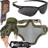 Kit Proteção - Máscara Meia Face Telada + Óculos Nemesis Escuro + Luva Tática Meio Dedo + Acessórios - Cor Verde - Renascença