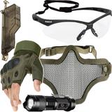 Kit Proteção - Máscara Meia Face Telada + Óculos Nemesis Transparente + Luva Tática Meio Dedo + Acessórios - Cor Verde - Renascença