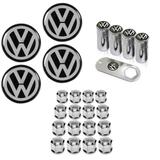 Kit Roda Calota Volkswagen Gol Parati Saveiro Voyage UP Santana Fox Polo Golf + Emblema Resinado + Tampa Ventil + Capa Parafuso - Emblema / tampa ventil / capa parafuso