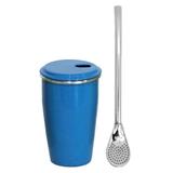 Kit Tereré Copo Alumínio Térmico 300ml Bomba Metal Azul - Gastrobel
