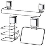 Kit Toalheiro Rosto, Suporte Secador Cabelo + Toalheiro Duplo Fixação - Ventosa Inox - Future