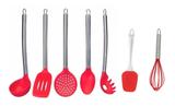Kit Utensílios De Cozinha Silicone Com Inox 7 Peças Vermelho - Jfz