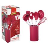 Kit Utensílios de Silicone + Acrílico 7 Peças Vermelho Euro