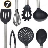 Kit Utensílios De Silicone Inox Preto Fouet Pinça Pegador Espátula Reta Escumadeira Concha Colher - Facibom