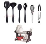 Kit Utensílios Silicone Preto 6 Pç Com Escorredor De Pratos - Clink