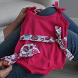 Macacão Infantil Para Menina Rosa Estampado 02 Peças Com Faixa P ao 03 - Nena variedades