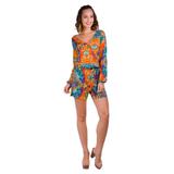 Macaquinho Banna Hanna Visco Com Transpasse Floral Verde/Laranja/Amarelo