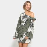 Macaquinho Farm Manga Longa Estampa Floral Detalhe Nó Feminino