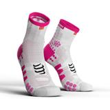 Meia de compressao compressport v3.0 cano medio para corrida (run) branca e rosa