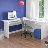 Mesa Para Recepção Em L Branca Espaçosa Com Gaveta Corrediça Metálica e Com Suporte para Teclado - Artely