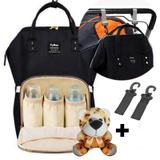 Mochila Maternidade Kit Par de Ganchos Para Carrinho Com Ursinho Sortido Bebê Impermeavel Térmica Preto - Bny