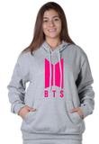Moletom Cinza Claro BTS Feminino com Capuz Bolso Canguru Blusão estampado Rosa Neon Pink - Suffix