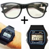 Oculos Preto com lentes Sem Grau e Relógio Aqua Aq-81 - Oficina dos relógios
