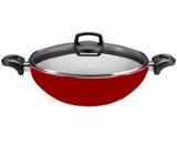 Panela Wok Antiaderente Vermelha Tampa De Vidro MTA