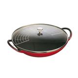 Panela Wok em Ferro Fundido com Tampa em Vidro 37cm Staub Cereja