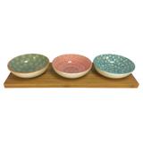 Petisqueira de cerâmica com 3 bowls e suporte de bambu - Btc