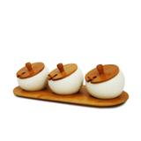 Porta condimentos de mesa com 3 potes de porcelana com tampa e colher em bambu - Tyft