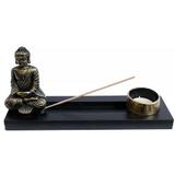Porta Incenso Buddha em Resina com Suporte em Madeira - Relaxar e meditar