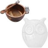 Pote Coruja Branca de Vidro e Bowl Madeira 200ml com Colher - Mart