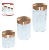 Pote De Vidro Redondo Para Mantimentos Losango Com Tampa Cobre Rose Gold 3 Pecas - Wellmix