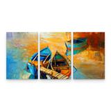 Quadro Decorativo Paisagem Canoas Entardecer Sala Em 3 Telas - Bimper