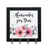 Quadro Porta Chaves 24x24cm Frases Abençoado por Deus Decorativo Chaveiro Moldura Preta - Oppen House