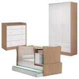 Quarto De Bebê Doce Sonho Guarda Roupa 2617 3 Portas + Cômoda 2523 + Berço Multifuncional 280 Cama Auxiliar Branco/Carvalho - Qmovi