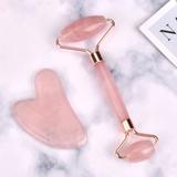 Rolo Massageador Facial Quartzo Rosa Jade + Placa Gua Sha - Wapshop