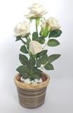 Rosa Branca Arranjo Flor Artificial Com Vaso Redondo Bege E Marrom Com Listras - Flordecorar