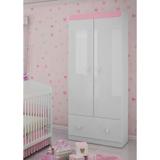 Roupeiro Infantil 2 Portas 1 Gaveta 1 Cabideiro Satriani - Pintura UV - Flex Branco Brilho/ Rosa - Estrela