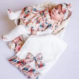 Saida Maternidade Manga Longa 3 Peças Malha e Viko Palha, Salmão e Verde Laço Floral - Tieloy baby