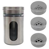 Saleiro Porta Condimentos Temperos Vidro Inox Com Visor Luxo - Facibom