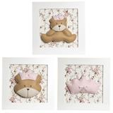 Trio De Quadros Ursa Princesa Quarto Bebê Infantil Menina - Potinho de mel