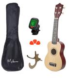Ukulele Acústico Soprano Makanu Com 3 Paletas Capa e Suporte - Marrom