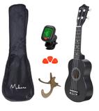 Ukulele Acústico Soprano Makanu Com 3 Paletas Capa e Suporte - Preto