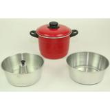 Vaporeira banho maria alumínio 3 peças cor vermelho - Casa Útil