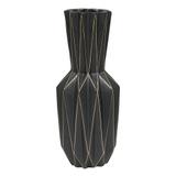 Vaso De Cerâmica Preto Com Desenhos Geométricos 12,5x31cm - Btc
