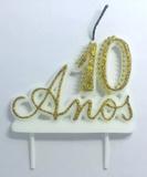 Vela Especial De 10 Anos Para Festa E Bolo De Aniversário Branca com Dourado - Ref: 1605 - Velarte
