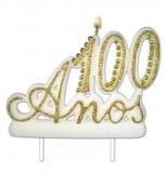Vela Especial De 100 Anos Para Festa E Bolo De Aniversário Branca com Dourado - Ref: 1355 - Velarte