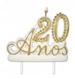 Vela Especial De 20 Anos Para Festa E Bolo De Aniversário Branca com Dourado - Ref: 1348 - Velarte