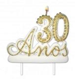 Vela Especial De 30 Anos Para Festa E Bolo De Aniversário Branca com Dourado - Ref: 1349 - Velarte