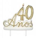 Vela Especial De 40 Anos Para Festa E Bolo De Aniversário Branca com Dourado - Ref: 1350 - Velarte
