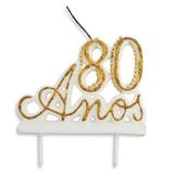 Vela Especial De 80 Anos Para Festa E Bolo De Aniversário Branca com Dourado - Ref: 1353 - Velarte