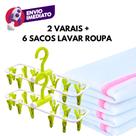 02 Varal Roupa Intima Dobrável 12 Prendedores E 06 Sacos Lavar Roupas Delicadas Saquinhos Ziper