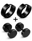 1 Par Brinco Argola 4mm 1 Par Falso Alargador 8mm Aço inoxidavel Preto unissex masculino masculina feminina feminino